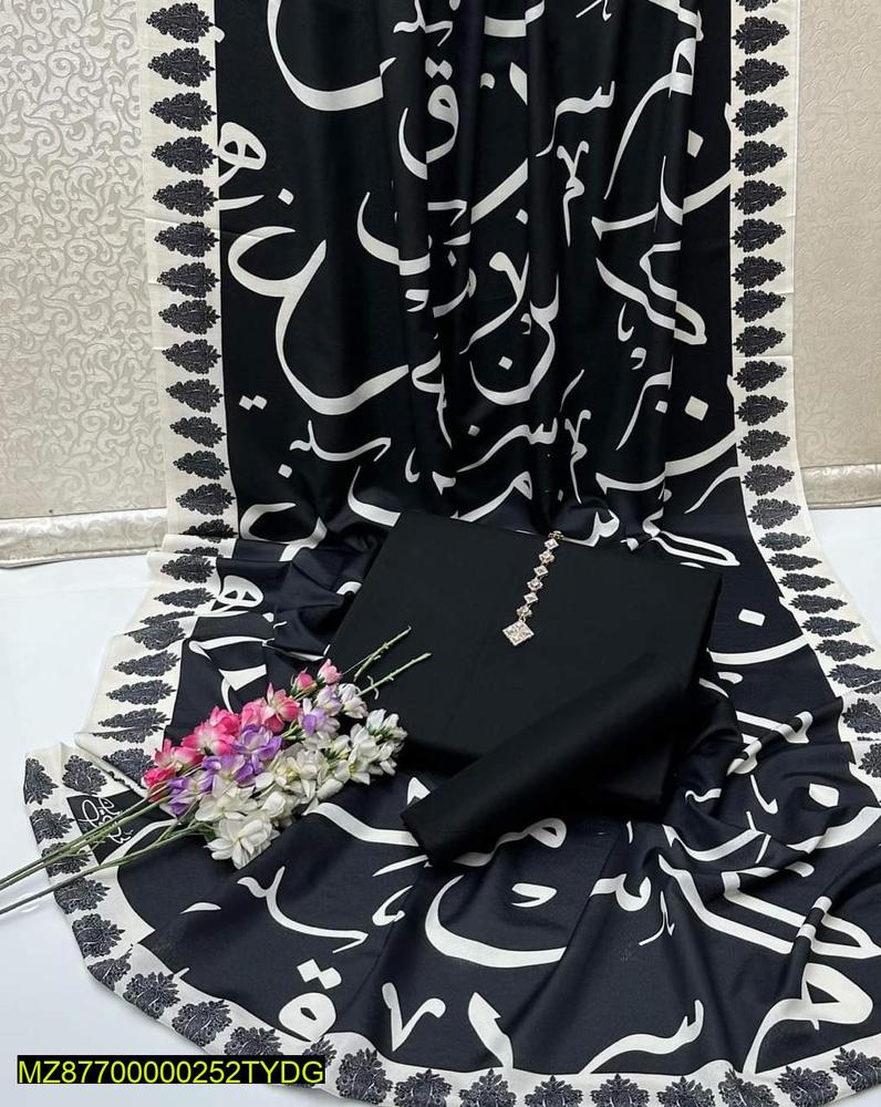 3 Pcs Women's Unstitched Katan Silk Calligraphy Suit