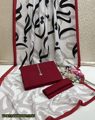 3 Pcs Women's Unstitched Katan Silk Calligraphy Suit