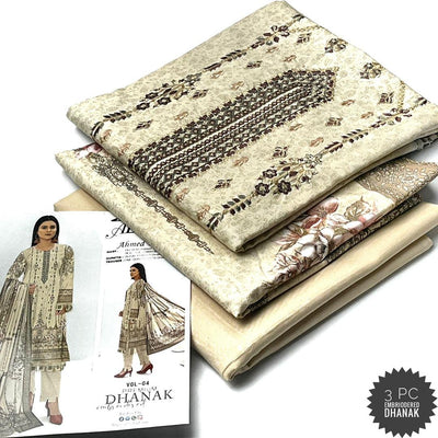 Off White Embroidered Dhanak 3-Piece Suit